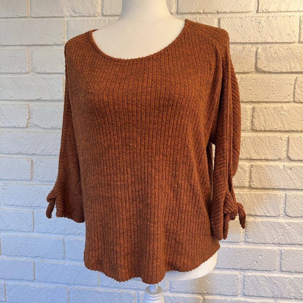 Bobeau Burnt Orange/Brown Chenille Wide Neck Dolman Sleeve Sweater